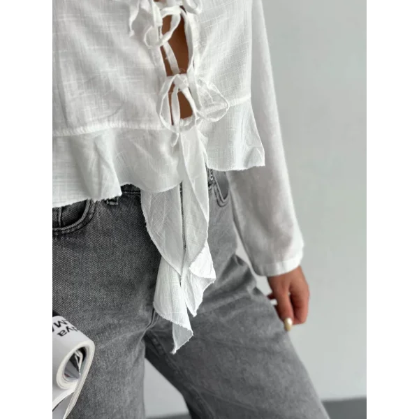 Keten Uzun Kol Bağacık Detaylı Bluz - Beyaz