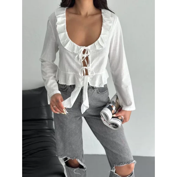 Keten Uzun Kol Bağacık Detaylı Bluz - Beyaz