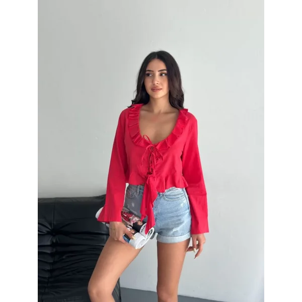 Keten Uzun Kol Bağacık Detaylı Bluz - Kırmızı
