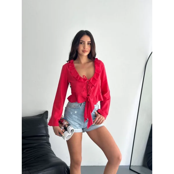 Keten Uzun Kol Bağacık Detaylı Bluz - Kırmızı