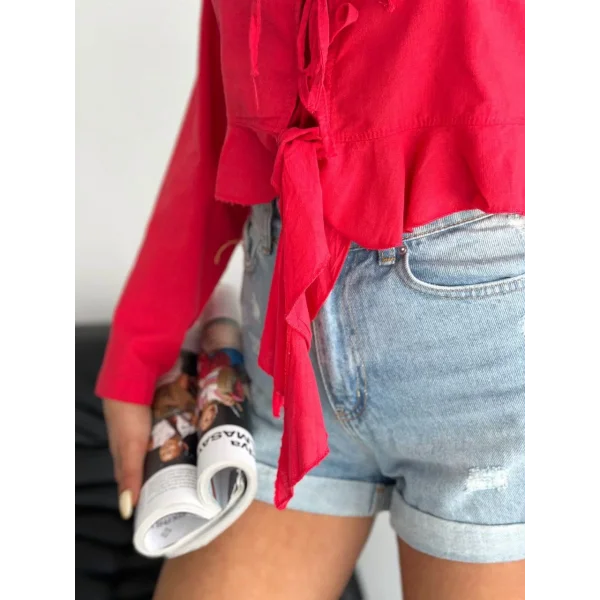 Keten Uzun Kol Bağacık Detaylı Bluz - Kırmızı