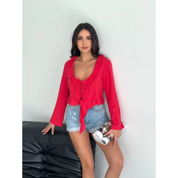 Keten Uzun Kol Bağacık Detaylı Bluz - Kırmızı