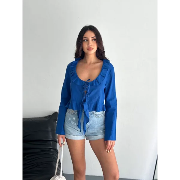 Keten Uzun Kol Bağacık Detaylı Bluz - Lacivert