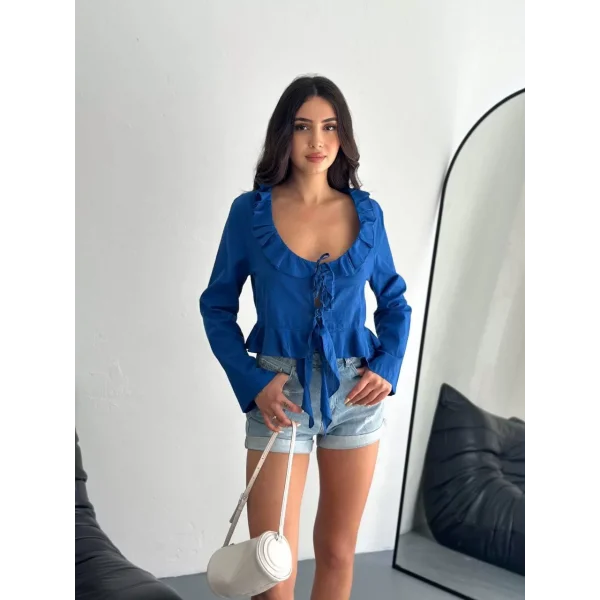 Keten Uzun Kol Bağacık Detaylı Bluz - Lacivert
