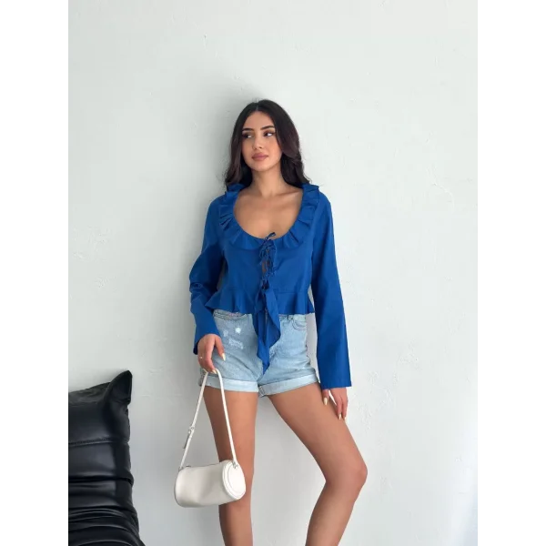 Keten Uzun Kol Bağacık Detaylı Bluz - Lacivert