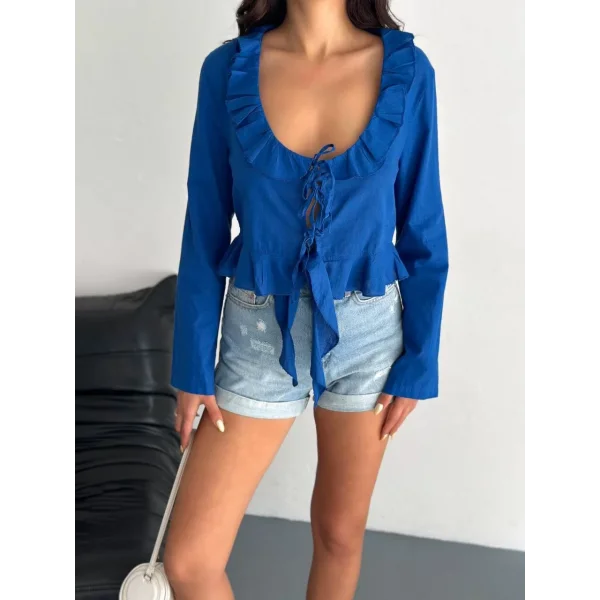 Keten Uzun Kol Bağacık Detaylı Bluz - Lacivert