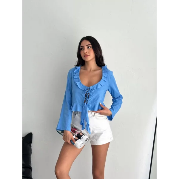 Keten Uzun Kol Bağacık Detaylı Bluz - Mavi