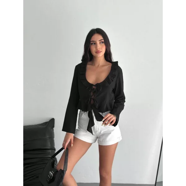 Keten Uzun Kol Bağacık Detaylı Bluz - Siyah