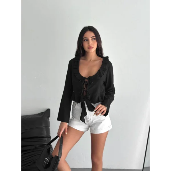 Keten Uzun Kol Bağacık Detaylı Bluz - Siyah