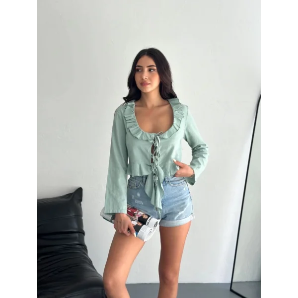 Keten Uzun Kol Bağacık Detaylı Bluz - Yeşil