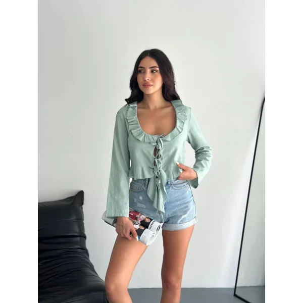 Keten Uzun Kol Bağacık Detaylı Bluz - Yeşil