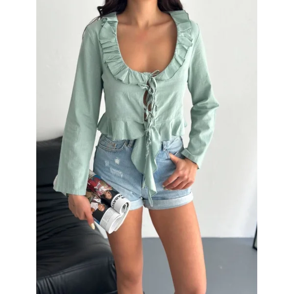 Keten Uzun Kol Bağacık Detaylı Bluz - Yeşil