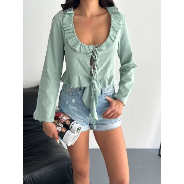 Keten Uzun Kol Bağacık Detaylı Bluz - Yeşil