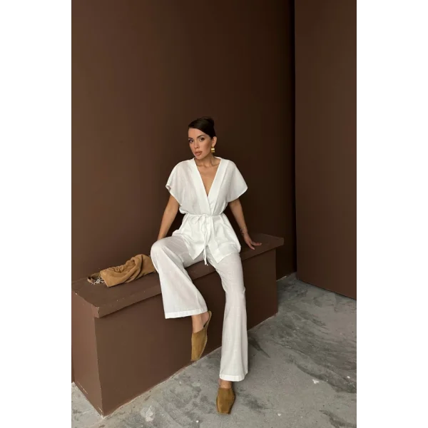 KETEN V YAKA BELDEN BAĞLAMALI BLUZ-PANTOLON TAKIM - Beyaz