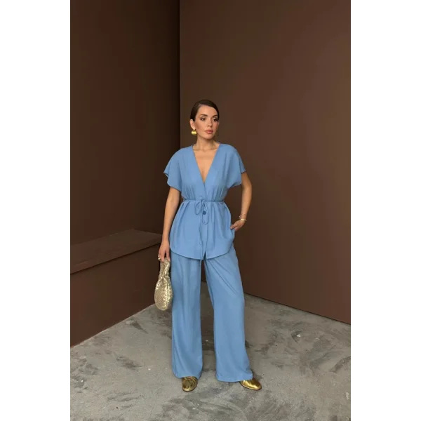 KETEN V YAKA BELDEN BAĞLAMALI BLUZ-PANTOLON TAKIM - Mavi