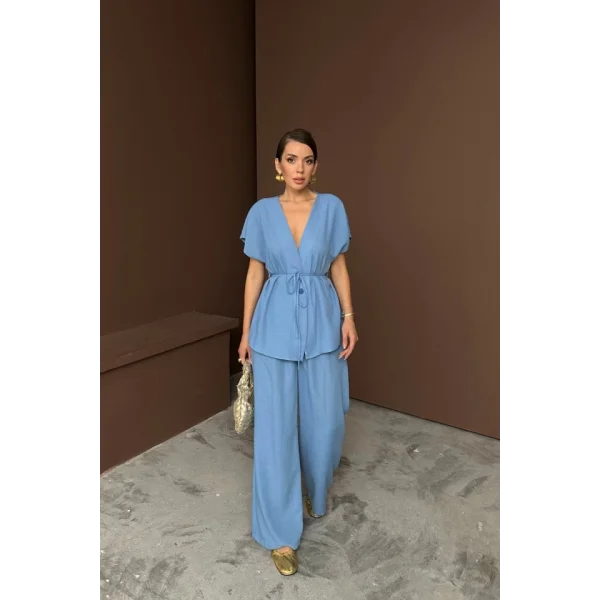 KETEN V YAKA BELDEN BAĞLAMALI BLUZ-PANTOLON TAKIM - Mavi