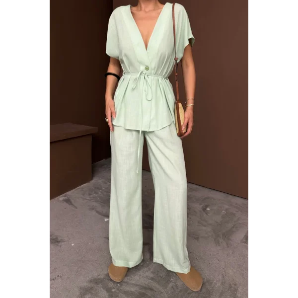 KETEN V YAKA BELDEN BAĞLAMALI BLUZ-PANTOLON TAKIM - Yeşil