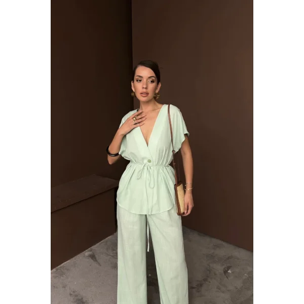 KETEN V YAKA BELDEN BAĞLAMALI BLUZ-PANTOLON TAKIM - Yeşil