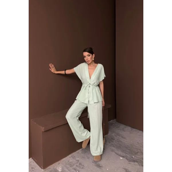 KETEN V YAKA BELDEN BAĞLAMALI BLUZ-PANTOLON TAKIM - Yeşil