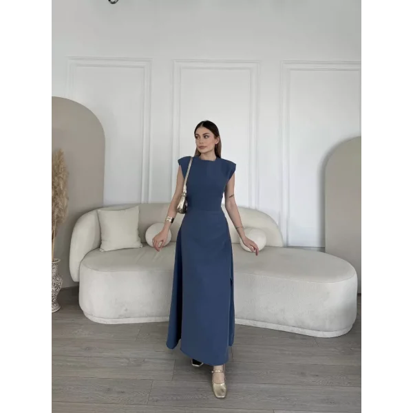 Keten Yandan Yırtmaçlı Uzun Elbise Sıfır Kol Elbise - Mavi