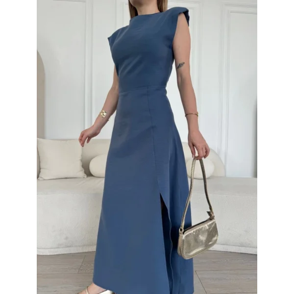 Keten Yandan Yırtmaçlı  Uzun Sıfır Kolsuz Elbise - Mavi