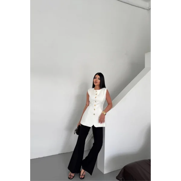 KETEN YELEK BELDEN OTURTMALI  SIRALI DÜĞME DETAYLI - Beyaz