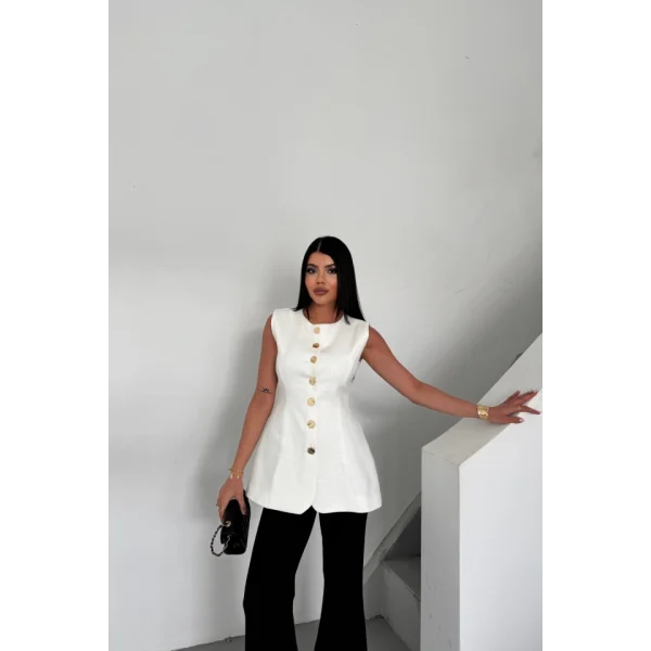 KETEN YELEK BELDEN OTURTMALI  SIRALI DÜĞME DETAYLI - Beyaz