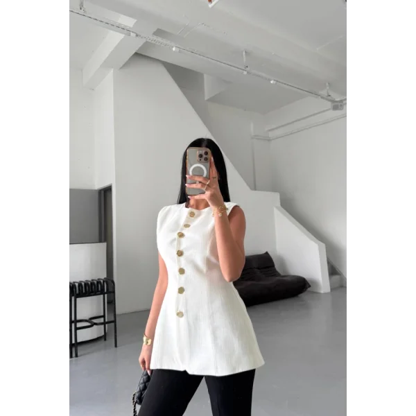 KETEN YELEK BELDEN OTURTMALI  SIRALI DÜĞME DETAYLI - Beyaz