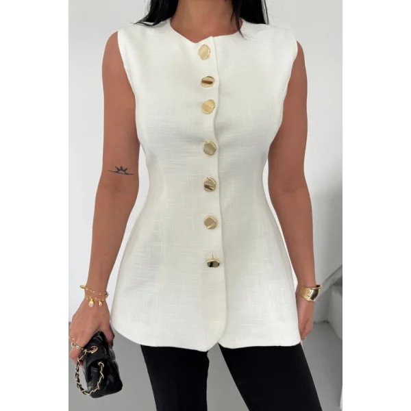 KETEN YELEK BELDEN OTURTMALI  SIRALI DÜĞME DETAYLI - Beyaz