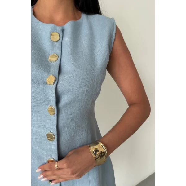 KETEN YELEK BELDEN OTURTMALI  SIRALI DÜĞME DETAYLI - Mavi