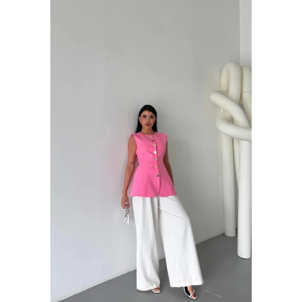 KETEN YELEK BELDEN OTURTMALI  SIRALI DÜĞME DETAYLI - Pembe