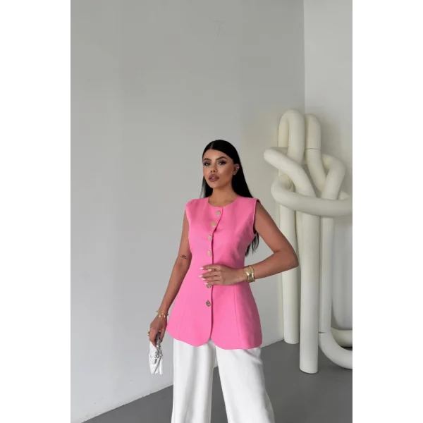 KETEN YELEK BELDEN OTURTMALI  SIRALI DÜĞME DETAYLI - Pembe