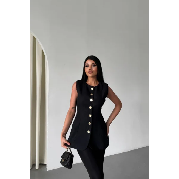 KETEN YELEK BELDEN OTURTMALI  SIRALI DÜĞME DETAYLI - Siyah