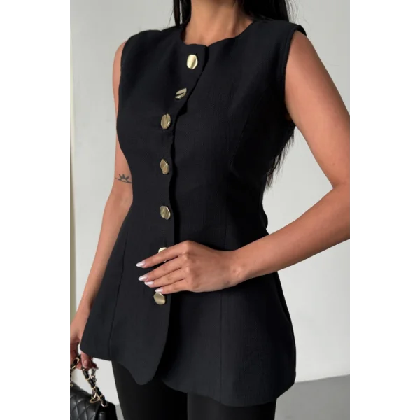 KETEN YELEK BELDEN OTURTMALI  SIRALI DÜĞME DETAYLI - Siyah