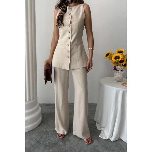KETEN YELEK - PANTOLON TAKIM - Bej