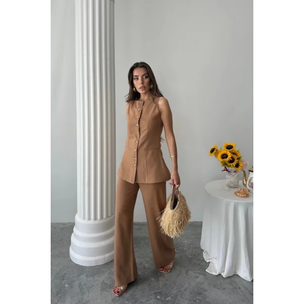 KETEN YELEK - PANTOLON TAKIM - Kahverengi