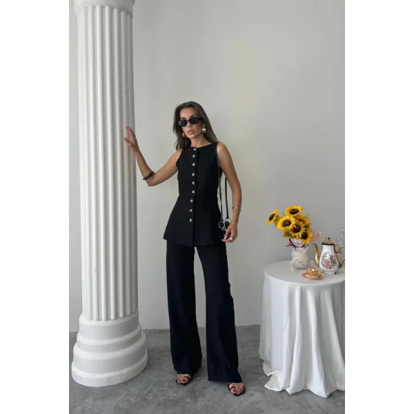 KETEN YELEK - PANTOLON TAKIM - Siyah