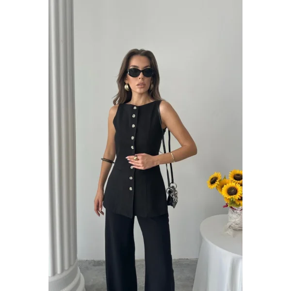KETEN YELEK - PANTOLON TAKIM - Siyah