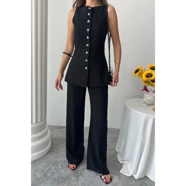 KETEN YELEK - PANTOLON TAKIM - Siyah