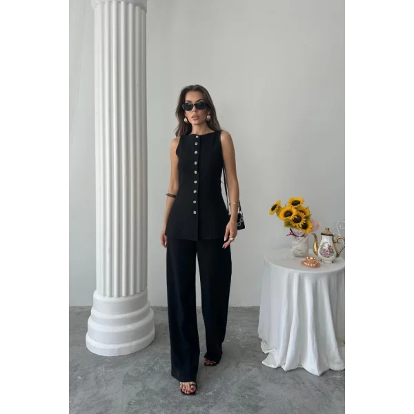 KETEN YELEK - PANTOLON TAKIM - Siyah