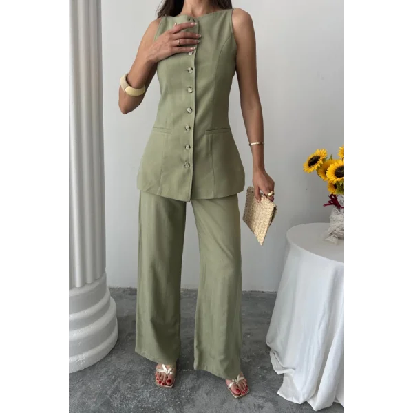 KETEN YELEK - PANTOLON TAKIM - Yeşil