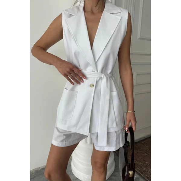 KETEN YELEK - ŞORT TAKIM - Beyaz