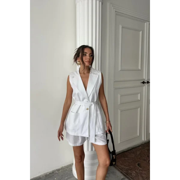 KETEN YELEK - ŞORT TAKIM - Beyaz