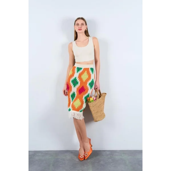 Kilim Desen Triko Etek  KremTuruncu