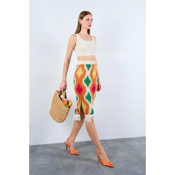 Kilim Desen Triko Etek  KremTuruncu