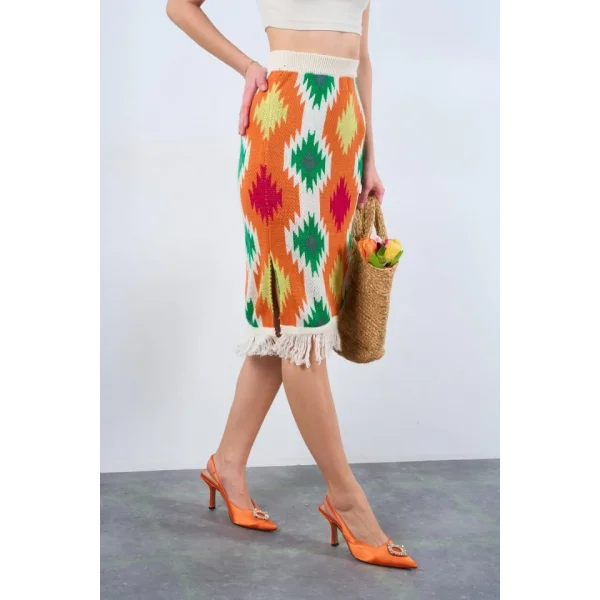 Kilim Desen Triko Etek  KremTuruncu