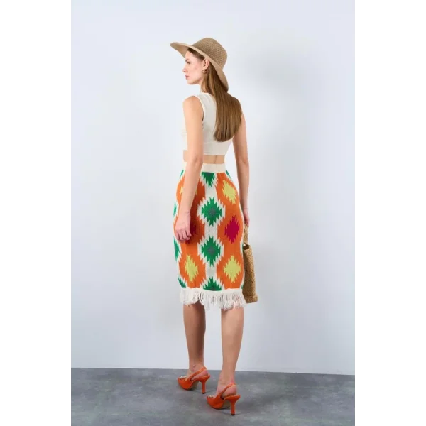 Kilim Desen Triko Etek  KremTuruncu