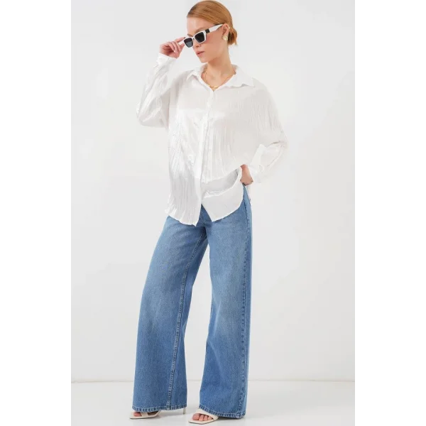 Kırışık Saten Gömlek 20316 - Beyaz