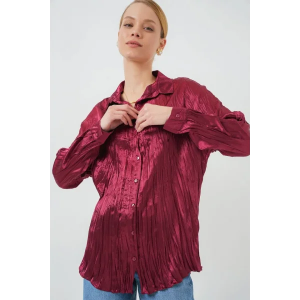 Kırışık Saten Gömlek 20316 - Bordo