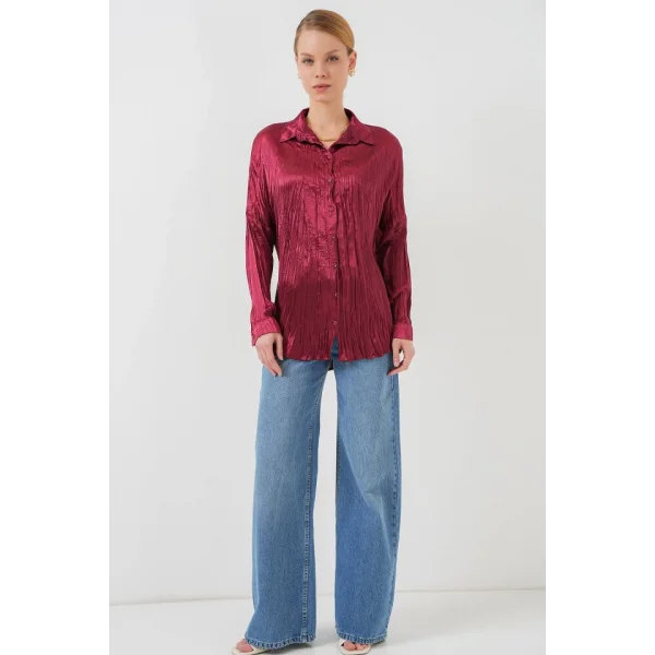 Kırışık Saten Gömlek 20316 - Bordo